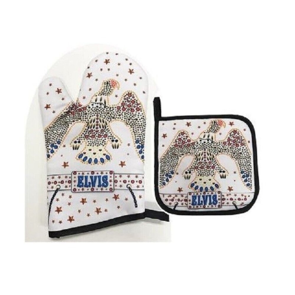 New White Oven Mitt & Potholder Set Elvis Presley Kitchen Jumpsuit Eagle Concert